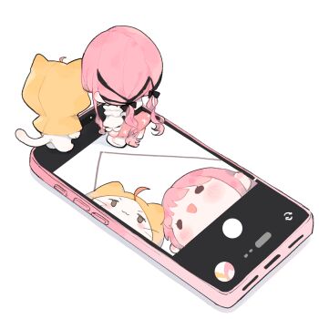 :3 ahoge animal belt black_belt black_bow black_ribbon bow brown_eyes camera_phone cat cellphone chinese_commentary cloak closed_mouth clothed_animal commentary_request ear_covers eyelashes frilled_shirt frilled_sleeves frills from_behind hair_bow hair_ribbon happy highres hood hood_up hooded_cloak infinity_nikki light_blush long_hair long_sidelocks long_sleeves low_twintails mini_person minigirl miniskirt momo_(nikki) mugoa_mugo nikki_(nikki) nikki_(series) off-shoulder_shirt off_shoulder open_mouth perfect_start_(infinity_nikki) phone pink_hair pink_skirt print_skirt puffy_long_sleeves puffy_sleeves ribbon shirt shoes sidelocks simple_background skirt smartphone smile snowflake_print solid_circle_eyes standing tress_ribbon twintails undersized_animal very_long_hair wavy_hair whiskers white_background white_cat white_shirt white_shoes yellow_cloak