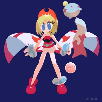 1girl bare_shoulders blonde_hair blue_background blue_eyes blush blush_stickers chimecho clamperl closed_eyes closed_mouth dated eyelashes floating full_body gen_3_pokemon hairband highres irida_(pokemon) kappafarm nintendo open_mouth pokemon pokemon_(creature) pokemon_legends:_arceus red_footwear red_hairband red_shirt shirt short_hair shorts simple_background standing v-shaped_eyebrows white_shorts