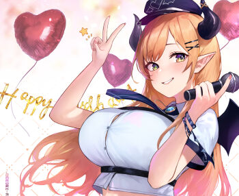 1girl balloon black_hat black_necktie blonde_hair blue_gemstone breasts brooch button_gap chest_harness cropped_shirt demon_girl demon_horns demon_wings framed_breasts gem gradient_hair grin happy_birthday harness hat heart_balloon highres holding holding_microphone hololive horn_ornament horn_ring horns jewelry large_breasts long_hair looking_at_viewer maro2ki3 microphone multicolored_hair necktie official_alternate_costume peaked_cap pink_hair pointy_ears police police_uniform policewoman shirt short_necktie short_sleeves smile solo upper_body v virtual_youtuber white_shirt wings yuzuki_choco yuzuki_choco_(police)