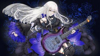 1girl adversarial_noise bang_dream! black_dress black_hair black_nails closed_mouth commentary_request commission dress electric_guitar guitar highres instrument long_hair minato_yukina nail_polish noir_(nowaru) pinky_out rose_(yumenokessho) sidelocks skeb_commission solo thorns white_hair yellow_eyes yumenokessho