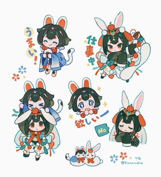 &gt;_&lt; 2girls :d :q ^_^ animal_ears black_hair blue_eyes blue_kimono blush_stickers cat_ears cat_girl cat_tail chibi chibi_only closed_eyes closed_mouth double-parted_bangs frown green_kimono highres japanese_clothes kanae_(cookie) kimono long_sleeves multiple_girls multiple_views on_head open_mouth original rabbit_ears rabbit_girl red_eyes short_hair simple_background sleeves_past_fingers sleeves_past_wrists smile tail thick_eyebrows tongue tongue_out translated twitter_username white_background wide_sleeves