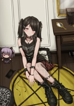 Rule 34 | 1girl, absurdres, anklet, armlet, babymetal, band (music), black boots, black bow, black choker, black dress, black eyes, black hair, black nails, black tank top, boots, bow, bracelet, carpet, cellphone, character doll, choker, circle, cross, cross earrings, cross necklace, doll, drawer, dress, earphones removed, earrings, english text, fingernails, fishnet pantyhose, fishnets, frilled pillow, frills, goth fashion, grey hair, hair bow, hair ornament, hairpin, hand mirror, heavy metal, highres, indoors, jewelry, lobsteranian, logo, long fingernails, medium hair, metal, mirror, multiple hairpins, nail polish, necklace, on floor, original, pantyhose, pentagram, phone, pillow, plaid clothes, plaid skirt, pleated skirt, purple dress, red eyes, red skirt, rika roseingrave, shirt, sitting, skirt, skull print, sleeveless, sleeveless shirt, smartphone, solo, spiked armlet, stuffed toy, swept bangs, table, tank top, tsurime, twintails, wooden floor, zipper footwear