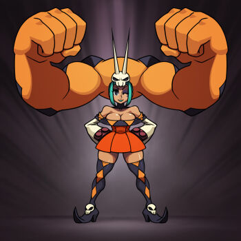 Rule 34 | 1girl, aqua hair, aqua lips, argyle clothes, argyle thighhighs, arms behind back, bare shoulders, breasts, cerebella (skullgirls), cleavage, clenched hands, commentary, commentary request, dark-skinned female, dark skin, dress, extra mouth, eyeshadow, facial tattoo, facing viewer, fighting game, full body, green lips, grey eyes, highres, jiggeh, lipstick, living clothes, living hair, looking at viewer, makeup, object through head, one eye closed, pointy boots, short dress, short hair, simple background, skull, skullgirls, skullgirls 1st dlc character poll, solo, tattoo, thighhighs
