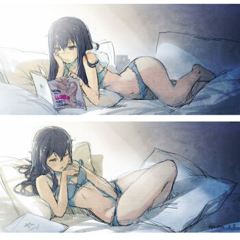 10s 1girl arched_back bare_shoulders barefoot black_hair black_rock_shooter blue_bra blue_panties blush bra breasts brown_eyes cleavage dated female_focus female_masturbation female_pervert fingering grabbing_own_breast hand_in_bra hand_in_panties head_rest hip_focus hjl irino_saya lingerie long_hair lying magazine_(object) masturbation mole mole_under_mouth navel on_back on_bed on_side panties pervert pillow reading sequential signature sketch small_breasts solo strap_slip tears underwear underwear_only wince