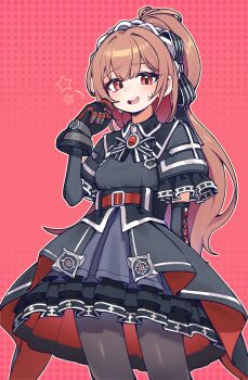 Rule 34 | 1girl, absurdres, arm behind back, belt, black bow, black dress, black gloves, black pantyhose, black ribbon, black survival, bow, breasts, brooch, brown hair, collared dress, commentary request, cowboy shot, double-parted bangs, dress, elbow gloves, estelle (bestelle) (black survival), estelle (black survival), eternal return: black survival, frilled dress, frills, gloves, hair bow, headdress, high ponytail, highres, jambujok, jewelry, korean commentary, light blush, long hair, medium breasts, neck ribbon, official alternate costume, open mouth, pantyhose, ponytail, red background, red belt, red eyes, ribbon, screentones, short sleeves, solo, star (symbol), sweatdrop, teeth, upper teeth only, very long hair