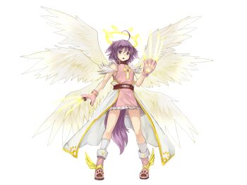 1girl ahoge angel angel_wings animal_ears belt boots clawed_gauntlets collar dog_ears dog_girl dog_tail dress feathered_wings gloves halo inuel_(mon-musu_quest!) mon-musu_quest! mon-musu_quest:_paradox monster_girl multiple_wings non-web_source nuppehofu_(nibuta) official_alternate_design official_art open_mouth pink_boots pink_dress pink_gloves purple_eyes purple_hair purple_tail shoes short_hair sleeveless solo tail white_background winged_shoes wings
