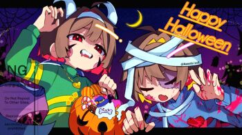 &gt;_o 2others ahoge animal annoying_dog arm_up artistic_error bandaged_head bandages bat_(animal) blonde_hair blood blood_on_clothes blood_on_face blood_on_hands blue_cape blue_sweater blunt_ends bob_cut bone bow brown_hair bucket candy candy_cane cape center-flap_bangs chara_(undertale) circle_facial_mark closed_eyes colored_inner_hair commentary crescent_moon dog donut double-parted_bangs english_commentary facial_mark facing_viewer fake_horns fang fangs food frisk_(undertale) ghost green_sweater hair_between_eyes hair_intakes hairband halloween_bucket hand_up hands_up happy_halloween hat hat_bow hat_tip heart highres holding holding_bucket horn_hairband horns letterboxed lollipop long_sleeves looking_at_viewer mamedaipu8 moon multicolored_hair multiple_others napstablook night one_eye_closed open_mouth other_focus outside_border puffy_long_sleeves puffy_sleeves purple_hat purple_sky raised_inner_eyebrows red_eyes red_hair red_sweater short_hair silk simple_background skin_fang sky spider_web striped_clothes striped_sweater sweater teeth turtleneck turtleneck_sweater twitter_username two-tone_hair two-tone_sweater u_u undertale upper_body upper_teeth_only utdr_(toby_fox) v-shaped_eyebrows watermark white_dog white_hairband witch_hat wrapped_candy yellow_bow yellow_sweater