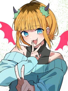 1girl :3 absurdres bare_shoulders blonde_hair blue_eyes blue_sweater blunt_bangs blush collarbone commentary_request demon_horns demon_wings double_v earrings fake_horns fang hanten_(hantennano) highres horns jewelry looking_at_viewer mem-cho multicolored_hair off-shoulder_sweater off_shoulder open_mouth oshi_no_ko partial_commentary roots_(hair) shade shadow short_hair sidelocks smile solo sweater upper_body v v_over_mouth white_background wings