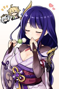 1boy 1girl 2girls aether_(genshin_impact) asymmetrical_sleeves blunt_bangs braid breasts bridal_gauntlets chewing chibi cleavage closed_eyes closed_mouth clothing_cutout commentary_request couple dango eating eyeliner flower flower_ornament food bad_tag genshin_impact gradient_background gradient_hair hair_ornament happy head_tilt heart highres holding holding_food huge_breasts japanese_clothes kimono large_breasts long_braid long_hair makeup mitsudomoe_(shape) mole mole_under_eye multicolored_hair multiple_girls neck_ribbon no_mouth off_shoulder paimon_(genshin_impact) pink_lips purple_flower purple_hair purple_kimono purple_nails raiden_shogun red_eyeliner red_ribbon red_sash ribbon sash shade shoulder_cutout single_braid standing suwa_yasai tomoe_(symbol) uneven_sleeves upper_body wagashi wide_sleeves