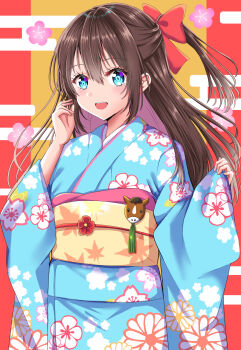 1girl :d absurdres blue_eyes blue_kimono blush bow brown_hair commentary_request egasumi floral_print floral_print_kimono hair_between_eyes hair_bow half_updo highres japanese_clothes kimono long_hair long_sleeves looking_at_viewer love_live! love_live!_nijigasaki_high_school_idol_club maymaru new_year obi obiage obijime open_mouth osaka_shizuku ponytail print_kimono red_bow sash sidelocks smile solo wide_sleeves