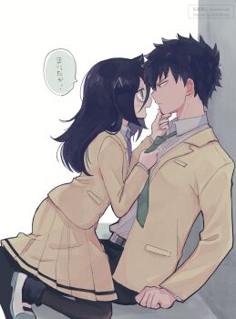 1boy 1girl annoyed bags_under_eyes belt black_hair black_pants black_pantyhose blazer blush_stickers brother_and_sister closed_mouth clothes_grab collared_shirt commentary_request eye_contact face-to-face from_side girl_on_top green_eyes green_necktie grey_belt grey_eyes grey_shirt hair_between_eyes hand_on_another&#039;s_chin hand_on_another&#039;s_face hand_up hetero highres incest jacket kuroki_tomoki kuroki_tomoko long_hair long_skirt long_sleeves looking_at_another messy_hair necktie necktie_grab neckwear_grab nuka_(nukamochi) open_clothes open_jacket open_mouth pants pantyhose pleated_skirt profile purple_necktie school_uniform shirt shirt_tucked_in shoes short_hair siblings sitting skirt smile speech_bubble translation_request twitter_username uwabaki watashi_ga_motenai_no_wa_dou_kangaetemo_omaera_ga_warui! watermark white_background white_shoes yellow_jacket yellow_skirt