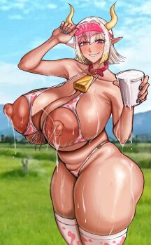 1girl animal_print belt_collar bikini blue_nails blush breasts character_name choker collar cow_print cow_print_bikini cow_print_thighhighs cowbell cup curvy dark-skinned_female dark_skin field from_side fukamichi_ran'ou hand_on_own_hat hat hathor_(last_origin) holding holding_cup horns huge_breasts lactation large_areolae last_origin mark_under_eye milk neck_bell nipple_cutout nippleless_bikini nipples outdoors pink_choker pink_eyes pink_hat print_bikini print_thighhighs short_hair sky smile solo standing sweat swimsuit tan thick_thighs thighhighs thighs visor_cap white_hair wide_hips