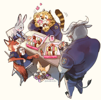 benjamin_clawhauser box buffalo cellphone cheetah chief_bogo cup desk disney disposable_coffee_cup disposable_cup donut earbuds earphones eating finnick_(zootopia) food fox furry gazelle_(zootopia) horns judy_hopps mug nair_(mindcreator) nick_wilde open_mouth phone police police_uniform rabbit smartphone smile sunglasses unworn_eyewear zootopia
