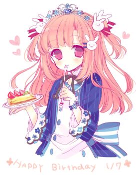 1boy blue_dress cake cake_slice commentary_request crossdressing crossdressing_(mtf) dress food fork hair_ornament hairclip happy_birthday highres holding holding_food holding_fork jerry_lemon long_hair moriyama_shijimi orange_hair rabbit_hair_ornament red_eyes tiara trap uchi_no_hime-sama_ga_ichiban_kawaii utensil_in_mouth