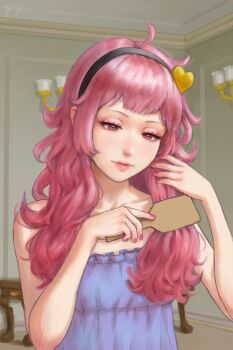 Rule 34 | 1girl, adapted costume, ahoge, alternate hair length, alternate hairstyle, bad perspective, bare shoulders, breasts, brushing hair, brushing own hair, ceiling, closed mouth, collarbone, eyelashes, eyeshadow, freckles, frills, hair brush, hairband, hands up, heart, highres, holding, holding hair brush, indoors, komeiji satori, light blush, light smile, lips, long hair, looking down, makeup, messy hair, nail polish, pink eyes, pink eyeshadow, pink hair, pink nails, self-upload, short bangs, small breasts, solo, table, touhou, upper body, wavy hair, yyf (seaknight)