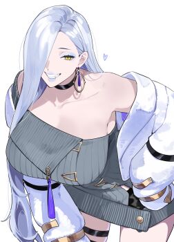 1girl bare_shoulders breasts choker collarbone commentary_request dress earrings fang fate/grand_order fate_(series) fur_jacket grey_dress grey_hair grin hair_over_one_eye highres hoop_earrings jacket jewelry large_breasts long_hair looking_at_viewer mrs._snake_(fate) open_clothes open_jacket smile solo thigh_strap tokoni_fusu white_jacket white_lips yellow_eyes