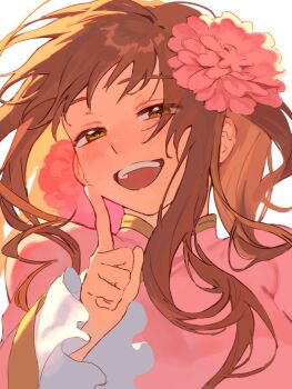 1girl axis_powers_hetalia blush brown_eyes brown_hair chinese_clothes flower hair_flower hair_ornament long_hair long_sleeves looking_at_viewer open_mouth pipinopipi0219 simple_background smile solo taiwan_(hetalia) upper_body white_background