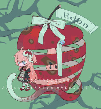absurdres ahoge apple black_dress blue_eyes bow branch chibi chibi_only dress food fruit green_background hair_between_eyes hair_ornament highres lolita_fashion long_hair mini_person minigirl original oversized_food oversized_object oversleep pink_hair puffy_short_sleeves puffy_sleeves red_shoes ribbon shoes short_sleeves simple_background snake snake_hair_ornament solo standing very_long_hair white_bow white_ribbon white_snake