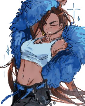 1girl absurdres alien_stage alternate_costume arm_up black_pants borrowed_design bra brown_hair closed_eyes commentary dark-skinned_female dark_skin earrings english_commentary feather_boa hawk_till highres hyuna_(alien_stage) jewelry long_hair midriff navel pants single_earring smile solo underwear very_long_hair white_bra