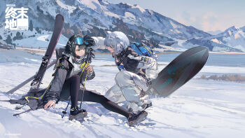 2girls adjusting_another's_eyewear animal_ears arknights arknights:_endfield aurora_(arknights) bag bear_ears bear_girl black_coat black_gloves black_hair black_pantyhose black_shoes blue_eyes chinese_commentary cloud coat commentary_request copyright_logo copyright_name endministrator_(arknights) female_endministrator_(arknights) gloves goggles goggles_on_head hand_on_own_hip highres hood hood_down hooded_coat logo looking_at_another looking_at_viewer mountain multiple_girls official_art on_one_knee open_clothes open_coat outdoors pants pantyhose qiqu shoes short_hair sitting ski_goggles ski_pole snowboard snowshine_(arknights) white_hair white_pants winter