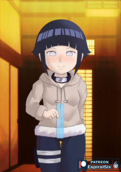 1girl absurdres artist_logo artist_name bandaged_leg bandages blue_pants blunt_bangs breasts closed_mouth cowboy_shot drawstring espiralsix feet_out_of_frame female_focus fur-trimmed_jacket fur_trim grey_jacket headband_around_neck highres holding holding_ruler holster hood hood_down hoodie hyuuga_hinata jacket konohagakure_symbol logo loli long_sleeves naruto_(classic) naruto_(series) no_pupils pants patreon_username purple_eyes ruler short_hair sidelocks small_breasts smile solo standing thigh_gap thigh_holster