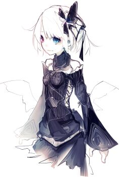Rule 34 | 1girl, black dress, black ribbon, blue eyes, bow, collar, commentary request, detached sleeves, dress, expressionless, frilled collar, frills, hair bow, hair ornament, hair ribbon, hairclip, heterochromia, high collar, highres, lace, looking at viewer, original, pale skin, ribbon, riuichi, short hair, simple background, standing, swept bangs, white background, white hair, wings