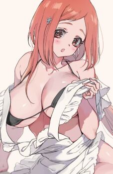 1girl 2017 apron bare_shoulders bikini bikini_top_only bleach bleach:_epilogue breasts brown_eyes collarbone female_focus hair_ornament hairclip inoue_orihime large_breasts light_blush long_hair mature_female okihana orange_hair parted_lips shiny_skin simple_background sitting snowflake_hair_ornament swimsuit