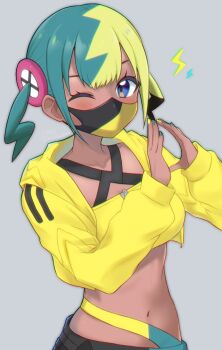 1girl bandeau black_hair blonde_hair blue_hair blue_nails blush canari_(pokemon) crop_top cropped_jacket dark-skinned_female dark_skin grey_background highres jacket long_sleeves looking_at_viewer mask miasuke mouth_mask multicolored_hair multicolored_nails navel nintendo one_eye_closed open_clothes open_jacket pokemon pokemon_legends:_z-a purple_eyes solo twitter_username two-tone_nails yellow_jacket yellow_nails