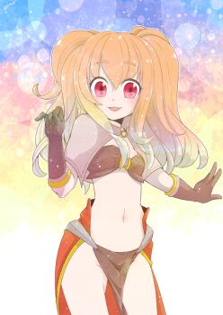 1girl bikini bikini_top_only blonde_hair blue_background blurry blush bokeh breasts brown_bikini brown_capelet brown_gloves capelet commentary_request cowboy_shot depth_of_field gloves iyofika long_hair looking_at_viewer mage_(ragnarok_online) midriff navel open_mouth pelvic_curtain pink_background ragnarok_online ragnarok_origin red_eyes red_skirt showgirl_skirt skirt small_breasts smile solo swimsuit twintails yellow_background