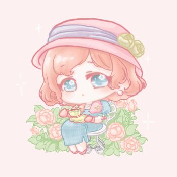 1girl :o animated animated_gif bead_necklace beads blinking blue_dress blue_eyes brown_background chair chibi colored_eyelashes cup dress earrings expressionless flower flower_in_eye fur_scarf glint gloves hat hat_flower holding holding_cup holding_saucer jewelry light_blush long_dress looking_at_viewer looping_animation medium_hair necklace nikki_(series) ode_to_time_(shining_nikki) on_chair orange_hair parted_lips pink_flower pink_gloves pink_hat pink_ribbon pink_rose pink_scarf pink_shoes plaid_clothes plaid_dress puffy_short_sleeves puffy_sleeves ribbon rose saucer scarf shining_nikki shoes short_sleeves simple_background sitting sleeve_ribbon solo sparkle sphere_earrings symbol_in_eye tareme tea teacup wavy_hair xiaoyu_qixing yellow_flower yellow_rose