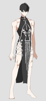 1boy barefoot black_hair dress faceless facing_viewer highres kim_dokja kyou_tayaoi male_focus mandarin_collar omniscient_reader&#039;s_viewpoint pelvic_curtain short_hair side_slit sleeveless sleeveless_dress solo standing toned toned_male
