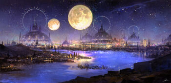 black_sky city city_lights commentary commentary_request concept_art dome english_commentary full_moon highres kurasuta mixed-language_commentary moon multiple_moons night no_humans original outdoors reflection reflective_liquid river scenery signature sky star_(sky) starry_sky