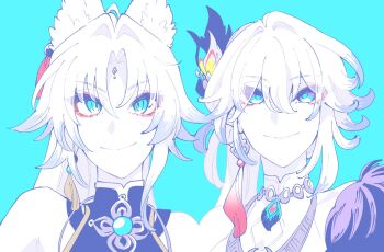 2girls animal_ear_fluff animal_ears ayunyan_pere blue_background blue_eyes bright_pupils commentary_request earrings eyeliner feixiao_(honkai:_star_rail) forehead_jewel fox_ears fur_trim hair_between_eyes highres honkai:_star_rail honkai_(series) jewelry long_hair makeup multiple_girls necklace parted_bangs peacock_feathers_hair_ornament red_eyeliner single_earring sleeveless tassel white_hair yao_guang_(honkai:_star_rail)