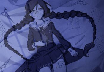 1girl braid closed_mouth collarbone collared_shirt commentary_request danganronpa:_trigger_happy_havoc danganronpa_(series) eyelashes from_above fukawa_toko glasses hair_between_eyes hand_on_own_stomach highres long_hair lying mole mole_under_mouth monochrome neckerchief nib_pen_(object) on_back paper pen round_eyewear scar scar_on_leg school_uniform scissors serafuku shirt skirt sklm solo tally twin_braids twintails window_shadow