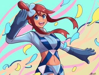 1girl blue_eyes breasts crop_top dark-skinned_female dark_skin gloves highres large_breasts long_hair long_sleeves nankou nintendo open_mouth pokemon pokemon_bw red_hair shorts skyla_(pokemon) suspenders teeth upper_teeth_only