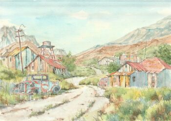 Rule 34 | abandoned, building, car, commentary request, day, grass, house, landscape, motor vehicle, no humans, original, outdoors, painting (medium), paruperu, road, scenery, town, traditional media, truck, utility pole, water tower, watercolor (medium)