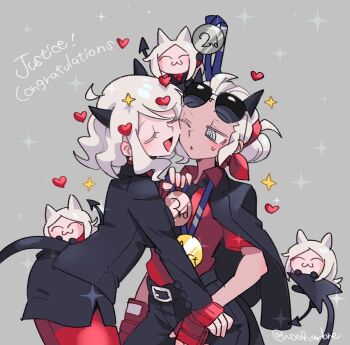 5girls :3 :d animal_ears black_horns black_jacket black_pants black_skirt blind breasts cerberus_(helltaker) cheek-to-cheek chibi closed_eyes demon_girl demon_horns demon_tail dog_ears eyewear_on_head from_side gloves grey_background grey_eyes grey_hair hairband happy heads_together heart helltaker highres horns jacket justice_(helltaker) large_breasts leaning_forward long_hair long_sleeves looking_at_another medal modeus_(helltaker) multiple_girls necktie noah_(tettsui-sole) open_mouth pants pantyhose red_hairband red_pantyhose red_shirt shirt shirt_tucked_in short_hair skirt sleeves_past_wrists smile sparkle sparkle_background sunglasses tail triplets white_hair