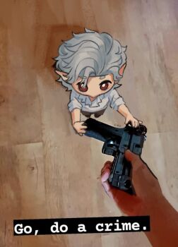 Rule 34 | 1boy, astarion, baldur's gate, baldur's gate 3, brown pants, from above, go do a crime (meme), grey hair, grey shirt, gun, holding, holding gun, holding weapon, male focus, medium hair, meme, mini person, miniboy, pants, pointy ears, red eyes, shinkomi, shirt, weapon, wooden floor