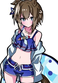 Rule 34 | 1girl, animal ears, bare shoulders, bikini, bikini shorts, blue bikini, blue eyes, blue swim trunks, blush, braid, breasts, brown hair, cheval grand (summer calm navy drop) (umamusume), cheval grand (umamusume), closed mouth, collarbone, hair between eyes, half up braid, half up half down braid, heart, heart necklace, highres, holding, holding swim ring, horse ears, horse girl, horse tail, innertube, jacket, jewelry, kikkasoon, looking at viewer, multicolored hair, navel, necklace, official alternate costume, official alternate hairstyle, shorts, simple background, solo, streaked hair, swim ring, swimsuit, tail, umamusume, white background, white hair, white streaks