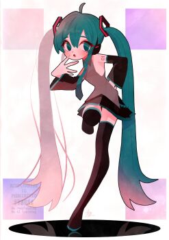 Rule 34 | 1girl, ahoge, aqua eyes, aqua hair, aqua necktie, aqua trim, bare shoulders, black boots, black skirt, black sleeves, boots, breasts, collared shirt, detached sleeves, full body, grey shirt, hair between eyes, hand on own hip, hand to own mouth, hashtag-only commentary, hatsune miku, headset, highres, long hair, medium breasts, necktie, number tattoo, parted lips, pleated skirt, shirt, shoulder tattoo, skirt, sleeveless, sleeveless shirt, solo, standing, standing on one leg, tattoo, thigh boots, thighhighs, twintails, very long hair, vocaloid, white background, yorita genyu, zettai ryouiki