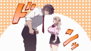 04cura 1boy 1girl :d black_hair black_pants black_skirt blonde_hair blue_eyes blue_hair bow bowtie breasts chest_height closed_mouth commentary_request cowboy_shot eye_contact fingernails from_side glaring green_eyes height_difference highres huge_breasts leaning_forward legs_together long_hair looking_at_another messy_hair multicolored_hair muscular muscular_male necktie nervous open_mouth orange_background original pants pink_hair pink_nails pleated_skirt polka_dot polka_dot_background red_bow red_bowtie red_necktie shirt size_difference skirt smile standing staring streaked_hair sweat taut_clothes taut_shirt tented_shirt twintails veins veiny_arms white_shirt wide-eyed