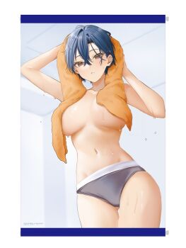 1girl arm_up breasts breasts_apart brown_eyes drying from_below gluteal_fold green_hair hair_between_eyes hamu_(plot_sy) hand_up highres holding holding_towel indoors kimoota_mob_youhei_wa_minohodo_o_ben_(waki_ma)_eru medium_breasts navel no_bra no_shirt official_art parted_lips short_hair skoona_noswile solo sports_panties stomach tapestry third-party_source towel towel_on_head water_drop