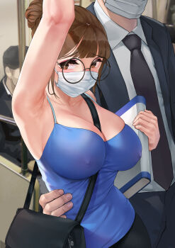 1boy 1girl absurdres arm_up armpits bag between_breasts blue_camisole book breasts brown_eyes brown_hair camisole chikan cleavage collarbone commentary_request covered_erect_nipples eyelashes eyeliner formal_clothes furrowed_brow glasses hair_bun handbag highres holding holding_book large_breasts makeup mask molestation mouth_mask mute_(mute89539160) necktie nervous no_bra original salaryman single_hair_bun skindentation spaghetti_strap strap_between_breasts suit torso_grab train_interior upper_body