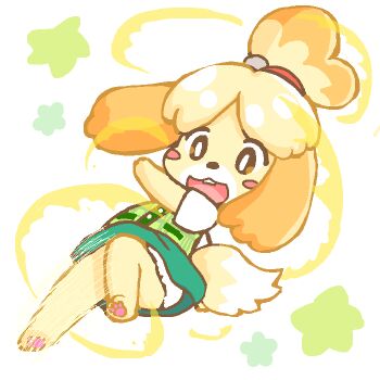 1girl :3 animal animal_crossing animal_ears animal_hands annyui barefoot black_eyes blonde_hair blush blush_stickers buck_teeth chibi dog dog_ears dog_girl dog_tail flying_kick furry green_skirt green_vest isabelle_(animal_crossing) kicking looking_down nintendo open_mouth panties plaid_clothes plaid_vest shih_tzu shirt short_sleeves skirt smile star_(symbol) tail teeth topknot underwear upskirt vest white_background white_panties white_shirt yellow_fur