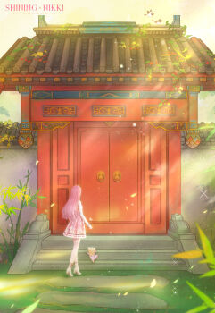 3d absurdres ahoge animal ankle_socks architecture argyle_clothes argyle_dress artist_request bamboo bird bloom_poetry_(shining_nikki) bow bow_legwear cat cloak clothed_animal clothes_writing copyright_name cross-laced_clothes cross-laced_legwear dress ear_covers east_asian_architecture gate high_heels highres hood hood_up hooded_cloak light_blush light_rays logo long_hair long_sleeves medium_dress mixed_media momo_(nikki) nikki_(nikki) nikki_(series) official_art petals pinafore_dress pink_dress pink_hair plant pleated_dress pumps red_bow second-party_source shining_nikki shirt shoes sky sleeveless sleeveless_dress socks sparkle stairs sunlight sunrise very_long_hair vines walking white_cat white_shirt white_shoes white_socks yellow_cloak yellow_sky