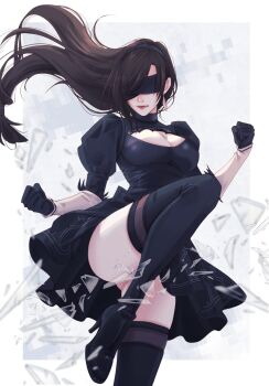 1girl 2b_(nier:automata) 2b_(nier:automata)_(cosplay) black_boots black_dress black_gloves black_hair blindfold boots breasts cleavage_cutout clothing_cutout cosplay dress feather-trimmed_sleeves fighting_stance final_fantasy final_fantasy_vii final_fantasy_vii:_ever_crisis gloves high_heel_boots high_heels highres knee_up mixmomo_yah nier:automata nier_(series) official_alternate_costume solo thighhighs thighhighs_under_boots thighs tifa_lockhart