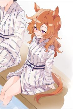 1boy 1girl amano_(amano_miko) animal_ears bath_yukata black_hair blush breasts commentary_request hair_between_eyes highres horse_ears horse_girl horse_tail japanese_clothes kimono long_sleeves looking_at_viewer multiple_girls onsen open_mouth orange_tail purple_eyes shared_bathing short_hair smile soaking_feet t.m._opera_o_(umamusume) tail umamusume white_kimono yukata