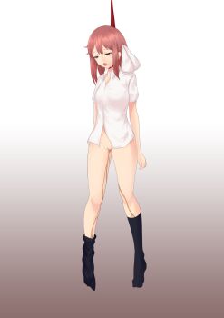 1girl black_socks bottomless breasts brown_eyes brown_hair corpse death empty_eyes execution female_focus guro hair_ribbon hanged highres large_breasts no_panties open_mouth peeing peeing_self pussy qixie_no_kokoro ribbon sakura_trick saliva shirt short_hair socks solo takayama_haruka tears tongue tongue_out white_shirt