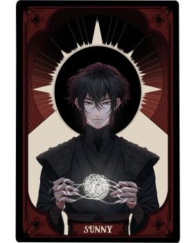1boy absurdres black_eyes black_hair black_robe black_tunic card catphine character_name commentary double-parted_bangs eclipse english_commentary hair_between_eyes hands_up highres long_sidelocks looking_at_viewer robe serious shadow_slave short_hair shoulder_pads sidelocks string sunny_(shadow_slave) tarot tarot_card tunic