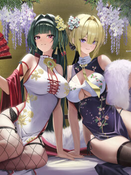 2girls alternate_costume arm_strap astra_yao bare_shoulders black_panties black_thighhighs blue_dress breasts china_dress chinese_clothes cleavage closed_mouth commentary_request cross-laced_clothes cross-laced_dress dress evelyn_chevalier feet_out_of_frame fishnet_thighhighs fishnets flower garter_straps hair_between_eyes hair_intakes hairband hand_fan hand_on_floor highres holding holding_smoking_pipe jewelry kiseru large_breasts looking_at_viewer multiple_girls necklace necktie outdoors panties parted_lips pearl_necklace pink_eyes purple_eyes purple_flower side-tie_panties sitting smoke smoking_pipe thighhighs torjun_111 tree two-tone_dress underwear white_dress white_hairband yellow_necktie yokozuwari zenless_zone_zero